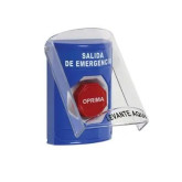 Botón de Estación Stopper® con Protector, Azul, Llave para Restablecer - Salida de Emergencia, Español